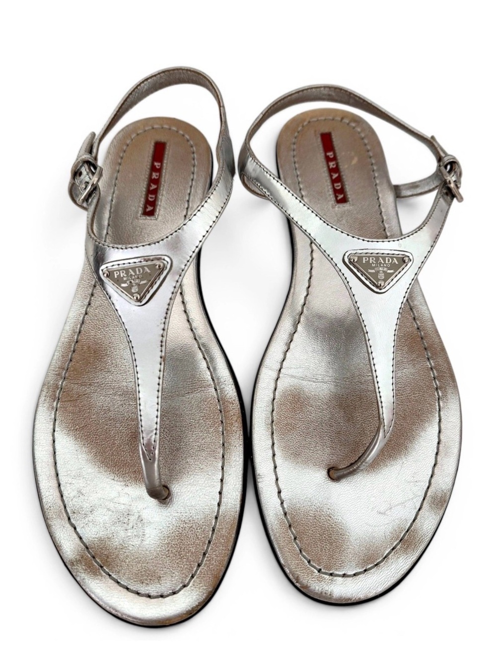Prada EU 40 Silver Vintage Thong Open Toe Sandals Strappy Flat Shoes Authentic